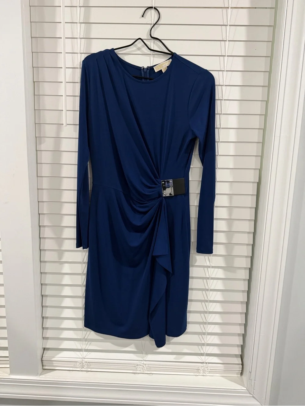 Michael Kors Navy Long-Sleeve Draped Dress with Buckle Detail